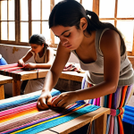 A group of Mexican artisans teaching traditional weaving techniques to Spanish youth in a sun-drenched workshop. The scene is filled with colorful threads and textiles, showcasing a blend of ancient craftsmanship and modern design aesthetics. This highlights the "Intercambio de Saberes" (Exchange of Knowledge).