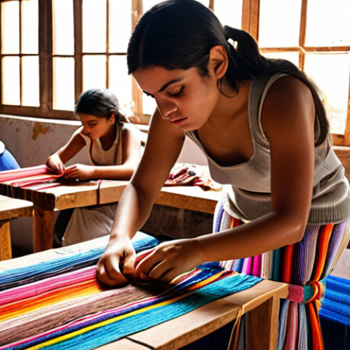 Home 14 A group of Mexican artisans teaching traditional weaving techniques to Spanish youth in a sun-drenched workshop. The scene is filled with colorful threads and textiles, showcasing a blend of ancient craftsmanship and modern design aesthetics. This highlights the "Intercambio de Saberes" (Exchange of Knowledge).