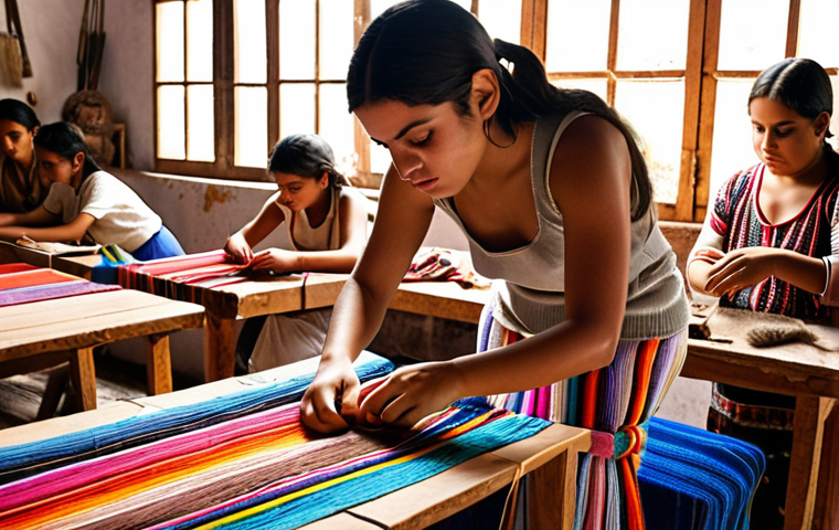 A group of Mexican artisans teaching traditional weaving techniques to Spanish youth in a sun-drenched workshop. The scene is filled with colorful threads and textiles, showcasing a blend of ancient craftsmanship and modern design aesthetics. This highlights the "Intercambio de Saberes" (Exchange of Knowledge).