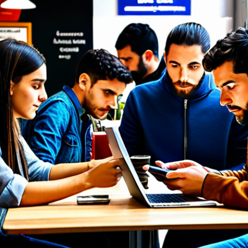 Digital Spanish Evolution**

"A diverse group of young adults in modern, modest clothing, using smartphones and laptops with Spanish text on the screens, in a bustling Madrid cafe, fully clothed, appropriate attire, safe for work, perfect anatomy, natural proportions, professional, digital illustration, vibrant colors, showing the blending of traditional and digital language."

**