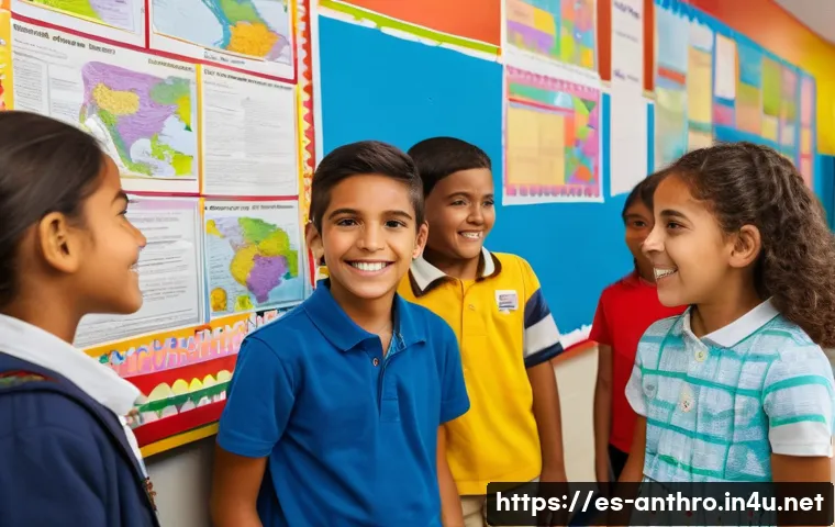 문화 교육론 - A vibrant multicultural classroom scene in a Spanish-speaking school, showing diverse students of va...