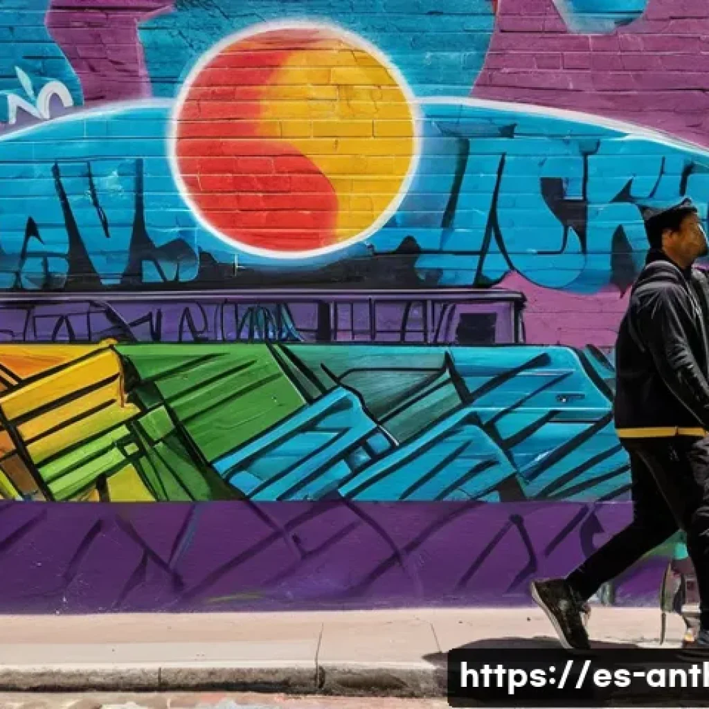 문화와 권력 - A vibrant street scene in a Spanish-speaking urban neighborhood showcasing colorful graffiti murals ...