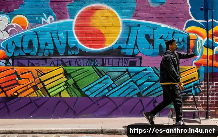 문화와 권력 - A vibrant street scene in a Spanish-speaking urban neighborhood showcasing colorful graffiti murals ...