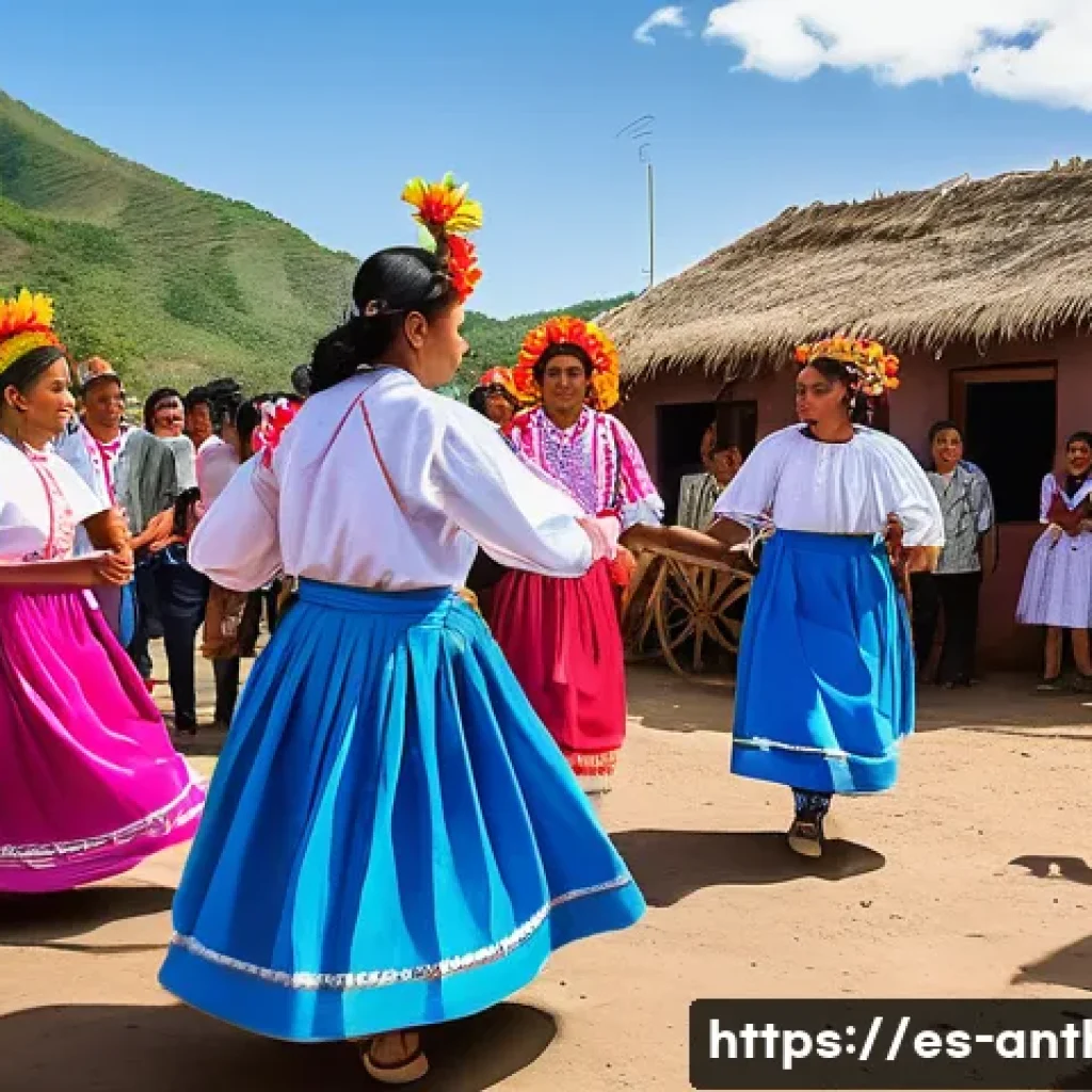 문화인류학과 사회과학 - A vibrant traditional festival scene in a rural Latin American village, featuring people wearing col...