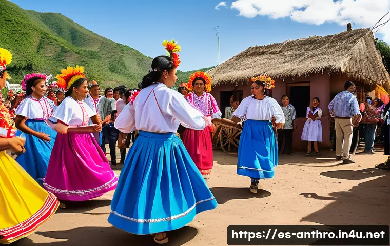 문화인류학과 사회과학 - A vibrant traditional festival scene in a rural Latin American village, featuring people wearing col...