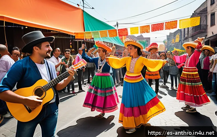 문화인류학 이론 - A vibrant multicultural street festival scene in Mexico City, featuring diverse groups of people dre...