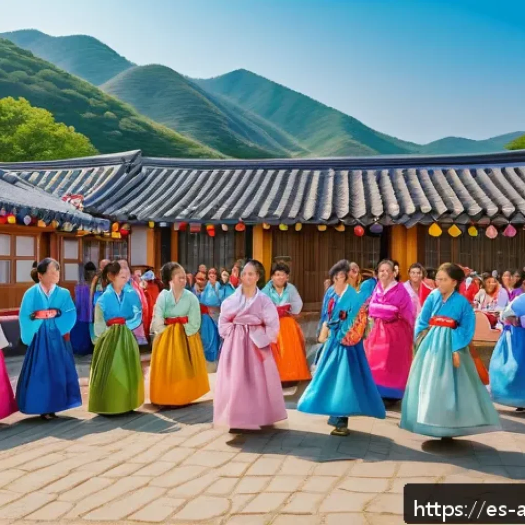 문화인류학 연구 방법 - A vibrant scene of a Korean traditional village during a local festival, showing community members o...