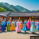 Home 20 문화인류학 연구 방법 - A vibrant scene of a Korean traditional village during a local festival, showing community members o...
