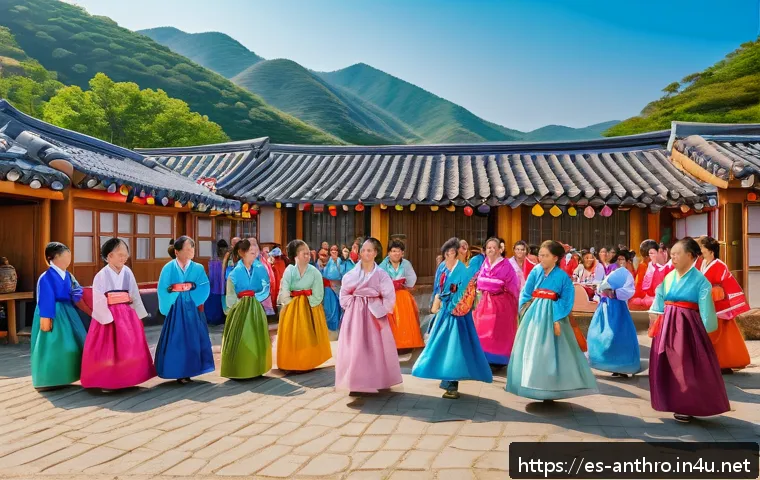 문화인류학 연구 방법 - A vibrant scene of a Korean traditional village during a local festival, showing community members o...