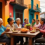 Home 19 언어와 문화 - A vibrant street scene in a Latin American town during a lively family gathering, showcasing diverse...