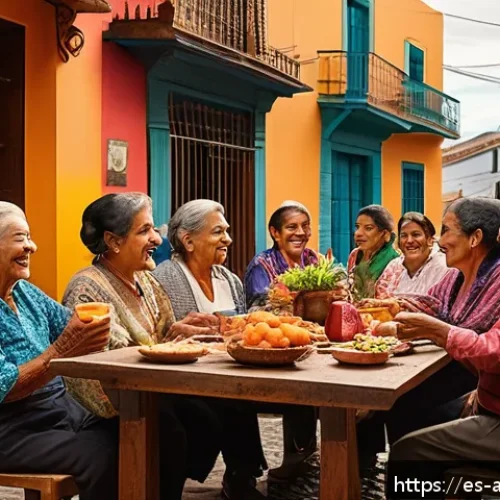 Home 31 언어와 문화 - A vibrant street scene in a Latin American town during a lively family gathering, showcasing diverse...