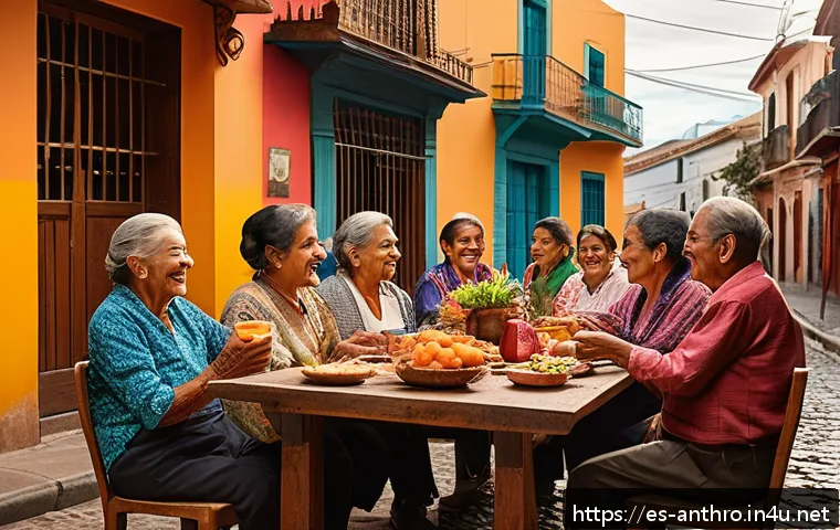 언어와 문화 - A vibrant street scene in a Latin American town during a lively family gathering, showcasing diverse...