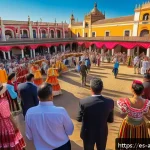 Home 18 문화와 기술 - A vibrant scene at the Feria de Abril in Seville, Spain, featuring diverse festival attendees using ...