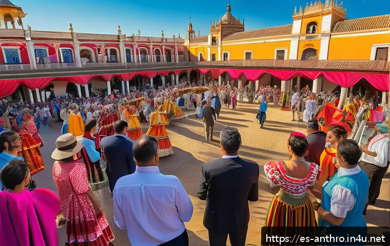 문화와 기술 - A vibrant scene at the Feria de Abril in Seville, Spain, featuring diverse festival attendees using ...