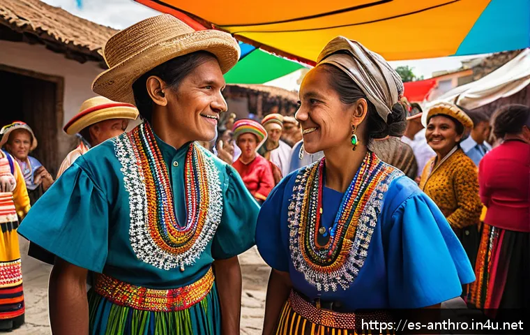 문화자원의 활용 - A vibrant traditional festival scene in a small Latin American town during daytime, featuring multig...
