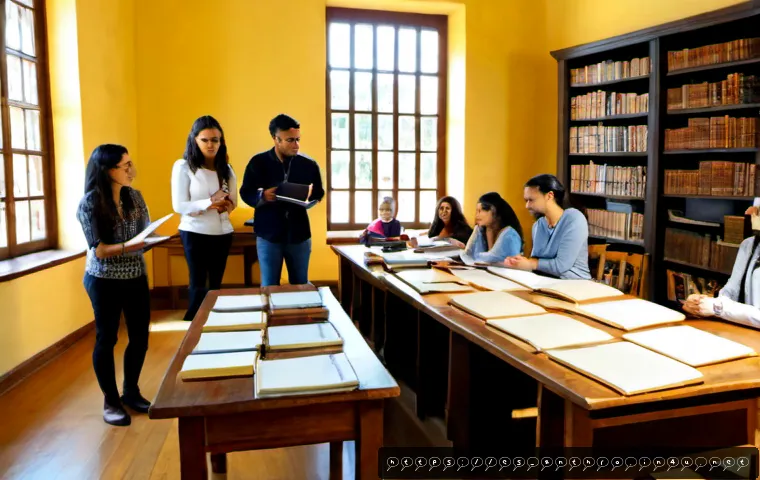 문화인류학의 주요 학파 - Photorealistic university anthropology seminar in a sunlit Spanish colonial-style library, diverse a...