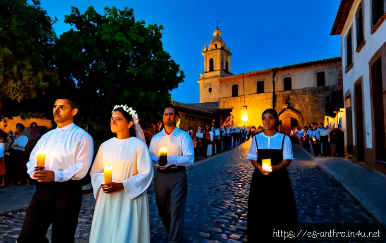 Home 14 문화와 종교 - Photorealistic evening scene of a traditional Catholic procession in a historic Spanish colonial tow...