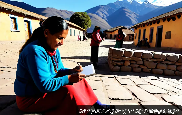 문화인류학 주요 개념 - Photorealistic cultural anthropology fieldwork scene in a sunlit rural Andean village plaza, a Spani...